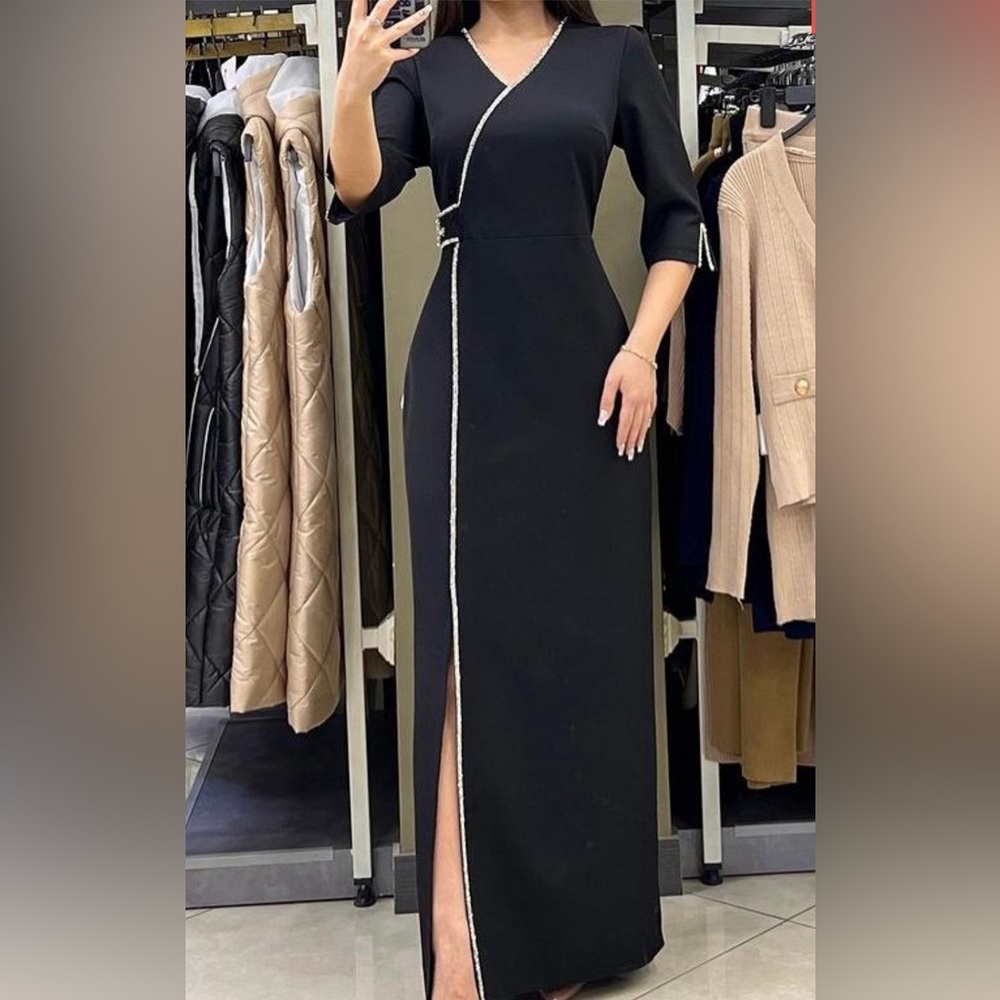 Long Black Silver Trimmed Slit Dress - Size S